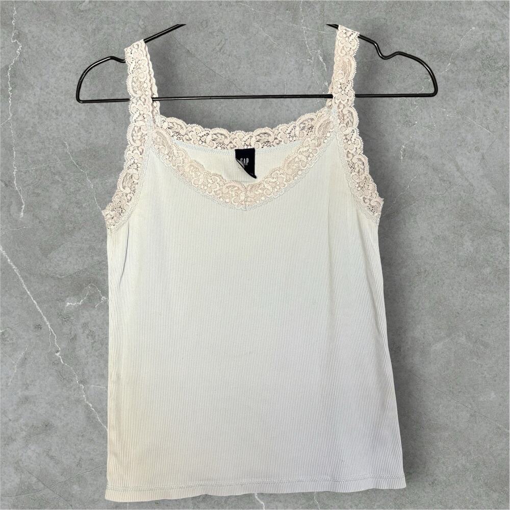 Gap Lace Trim Ribbed Tank Top Womens M Pale Blue Camisole Stretch 2000s